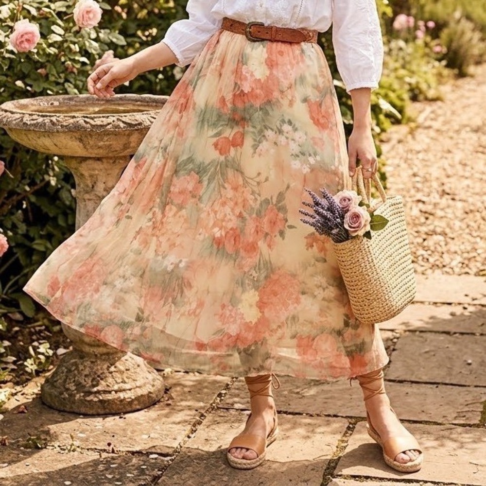 Vintage 90s Floral Chiffon Layered Skirt Medium Dressbarn Soft Girl Cottagecore